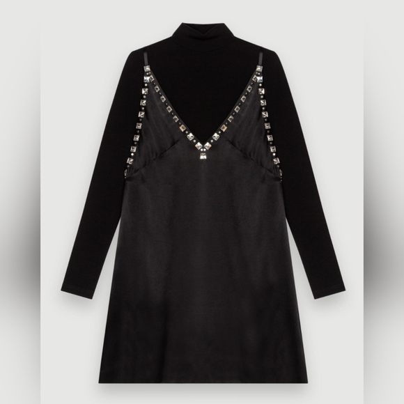 NWT MAJE Black satin dress with jeweled straps 40 Large - Picture 2 of 9